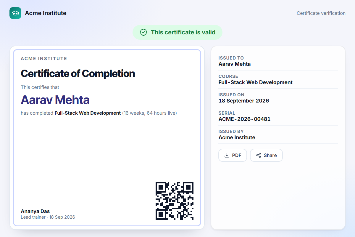 Public certificate verification page with QR